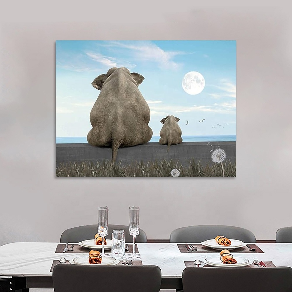 Canvas wall art animal Elephant dandelion art painting Elephant Moon viewing African wall decoration living room home decor