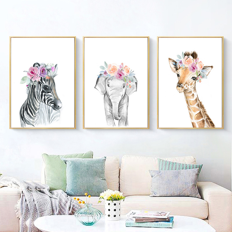 Flower Animal  Lion Zebra Elephant Giraffe Nursery  Print  Kids Baby Bedroom Decor Wall Pictures baby room wall art