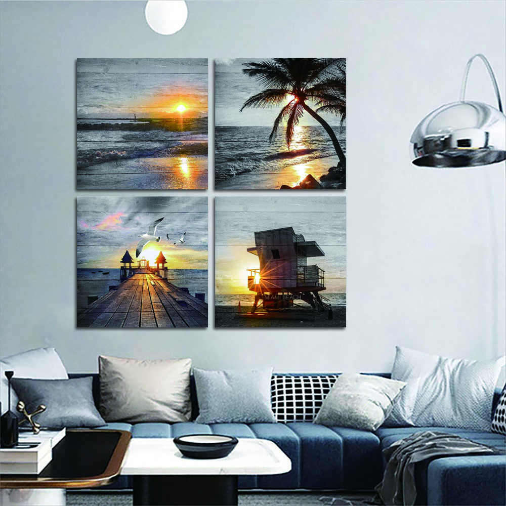 4 Panel landscape painting Wall art Black and white Gold beach sea canvas print sunrise sunset poster Bedroom home decoration