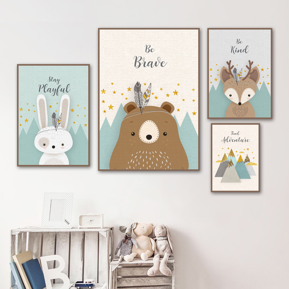 Girl Boy Kids Room Decor Bear Rabbit Fox Deer Nursery Cartoon Nordic Posters And Prints  animal kids painting  canvas wall art