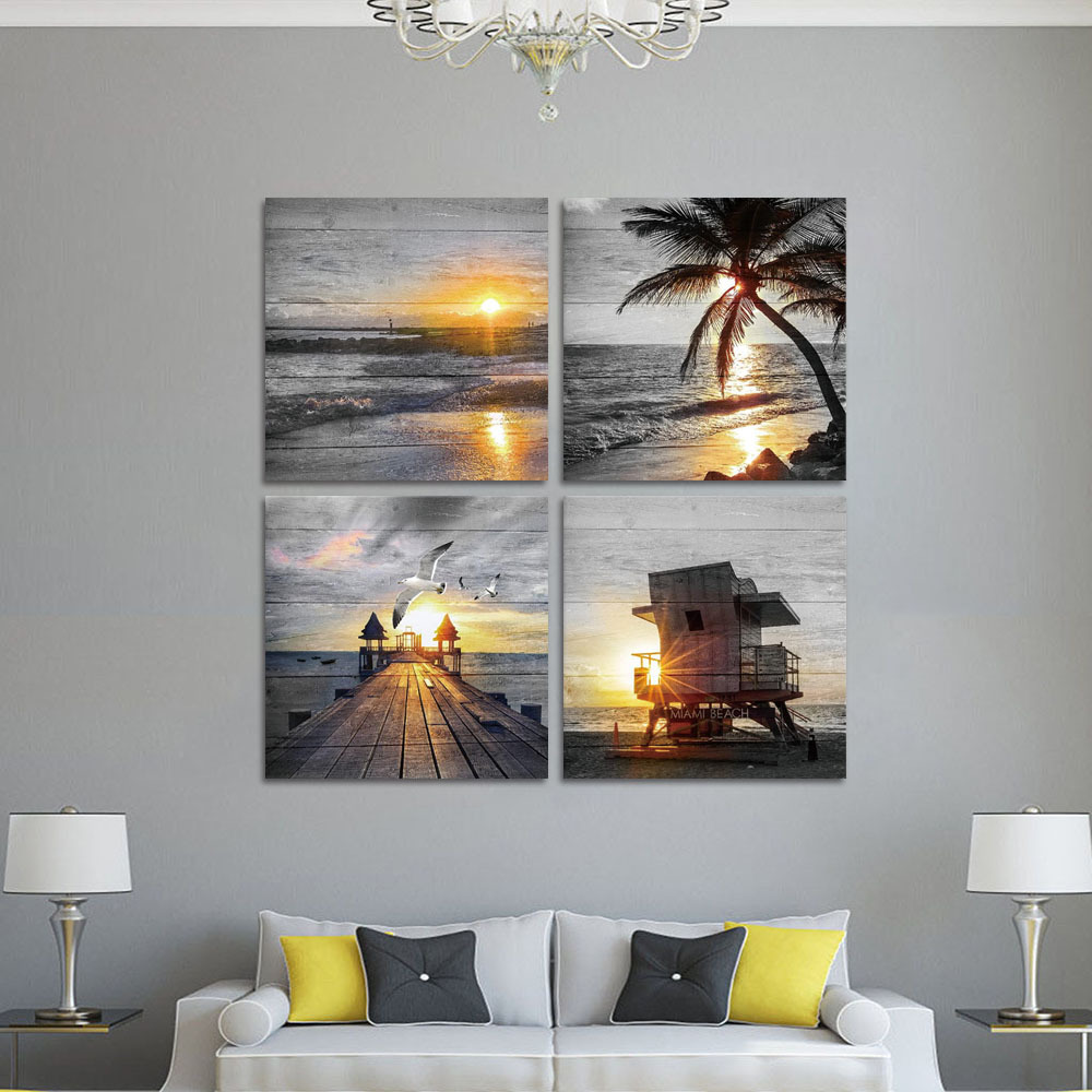 4 Panel landscape painting Wall art Black and white Gold beach sea canvas print sunrise sunset poster Bedroom home decoration