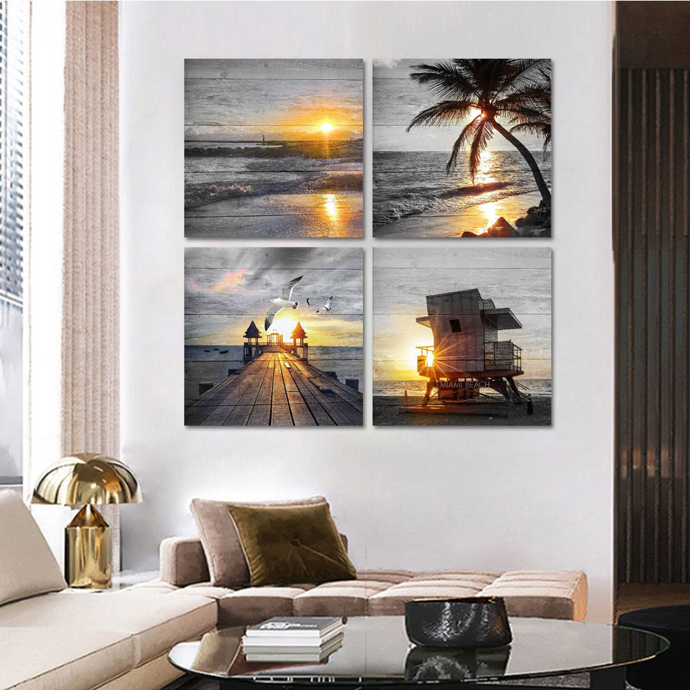 4 Panel landscape painting Wall art Black and white Gold beach sea canvas print sunrise sunset poster Bedroom home decoration