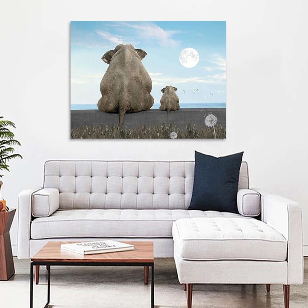 Canvas wall art animal Elephant dandelion art painting Elephant Moon viewing African wall decoration living room home decor