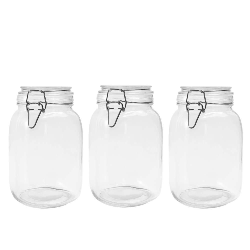 50 OZ Glass Jar 3 Pack Reusable Storage Jar with Stainless Steel Clasp Airtight Rubber Gasket Lid for Jam, Coffee, Tea,Honey