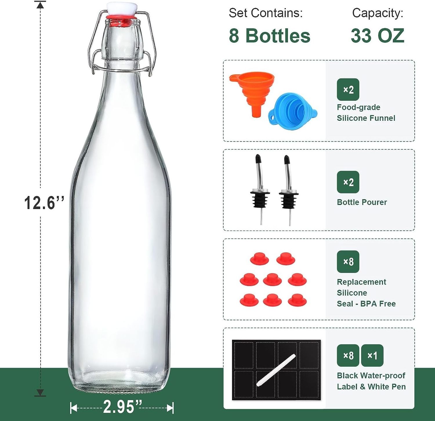 33 oz 1 Liter Swing Top Glass Bottles with Airtight Stopper Lids Flip Top Brewing Bottle for Fermentation Kombucha Mead