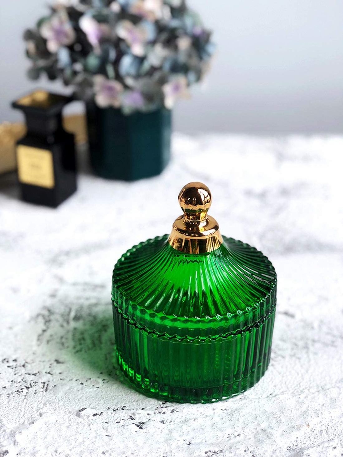 Nordic Style Vintage Green Glass Apothecary Jar With Lids, Candy Trinket Jewelry Jar Containers Tea Light Candle Holder Wedding