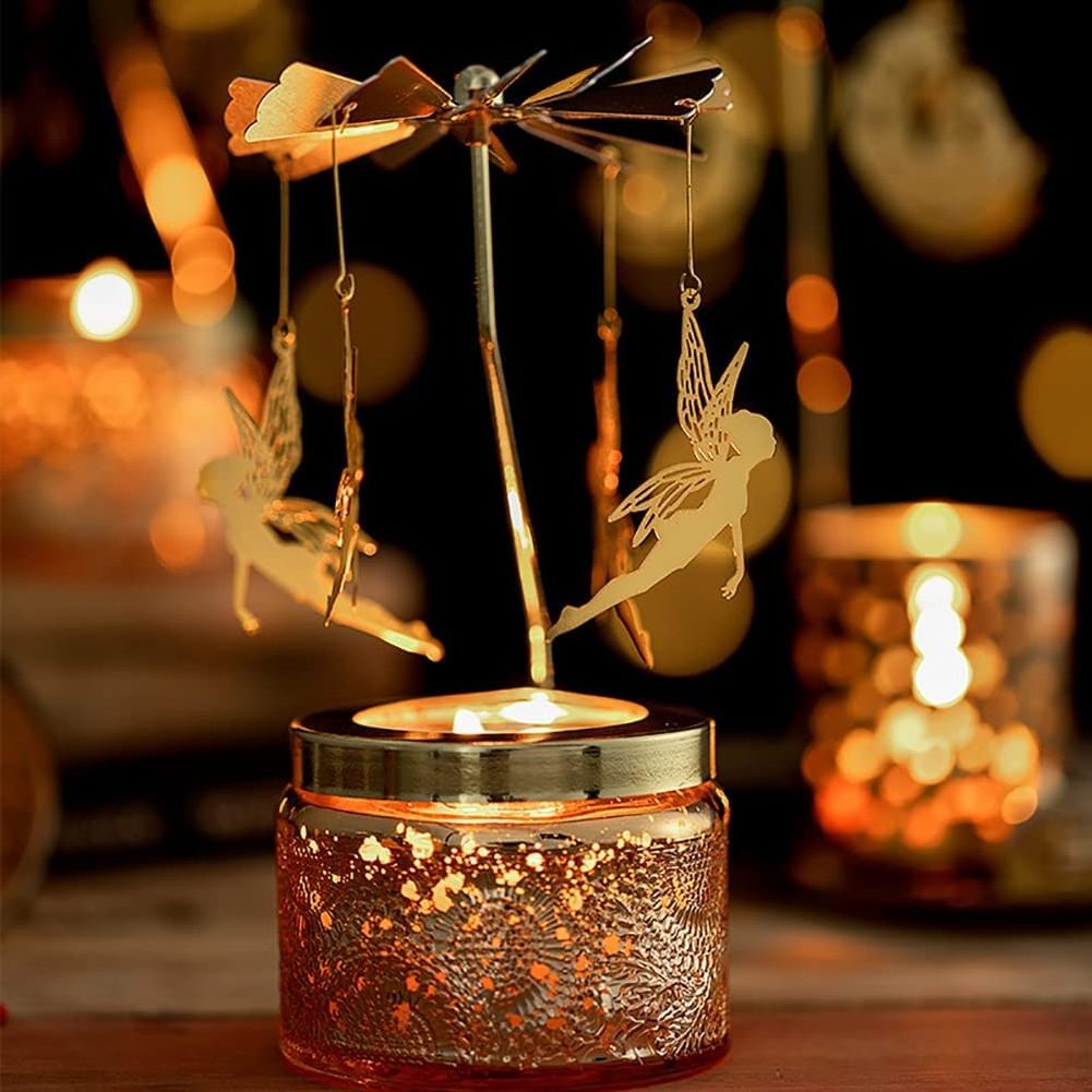 Supplier hot sale gift table decorative merry-go-round shape golden rotating candle holder set with glass candle jar