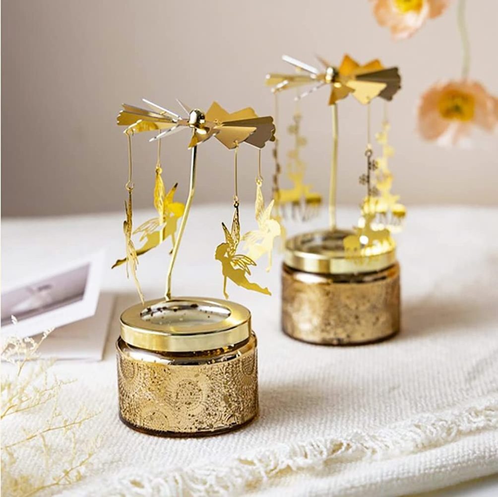 Supplier hot sale gift table decorative merry-go-round shape golden rotating candle holder set with glass candle jar