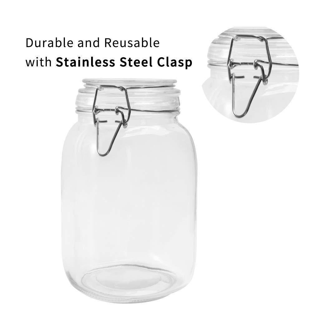 50 OZ Glass Jar 3 Pack Reusable Storage Jar with Stainless Steel Clasp Airtight Rubber Gasket Lid for Jam, Coffee, Tea,Honey