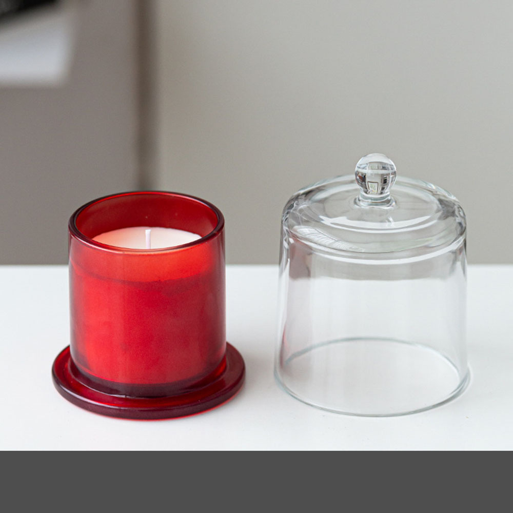 Custom Logo Transparent Red  Wide Mouth Glass Candle Jar With Glass Cover  For Candle Making