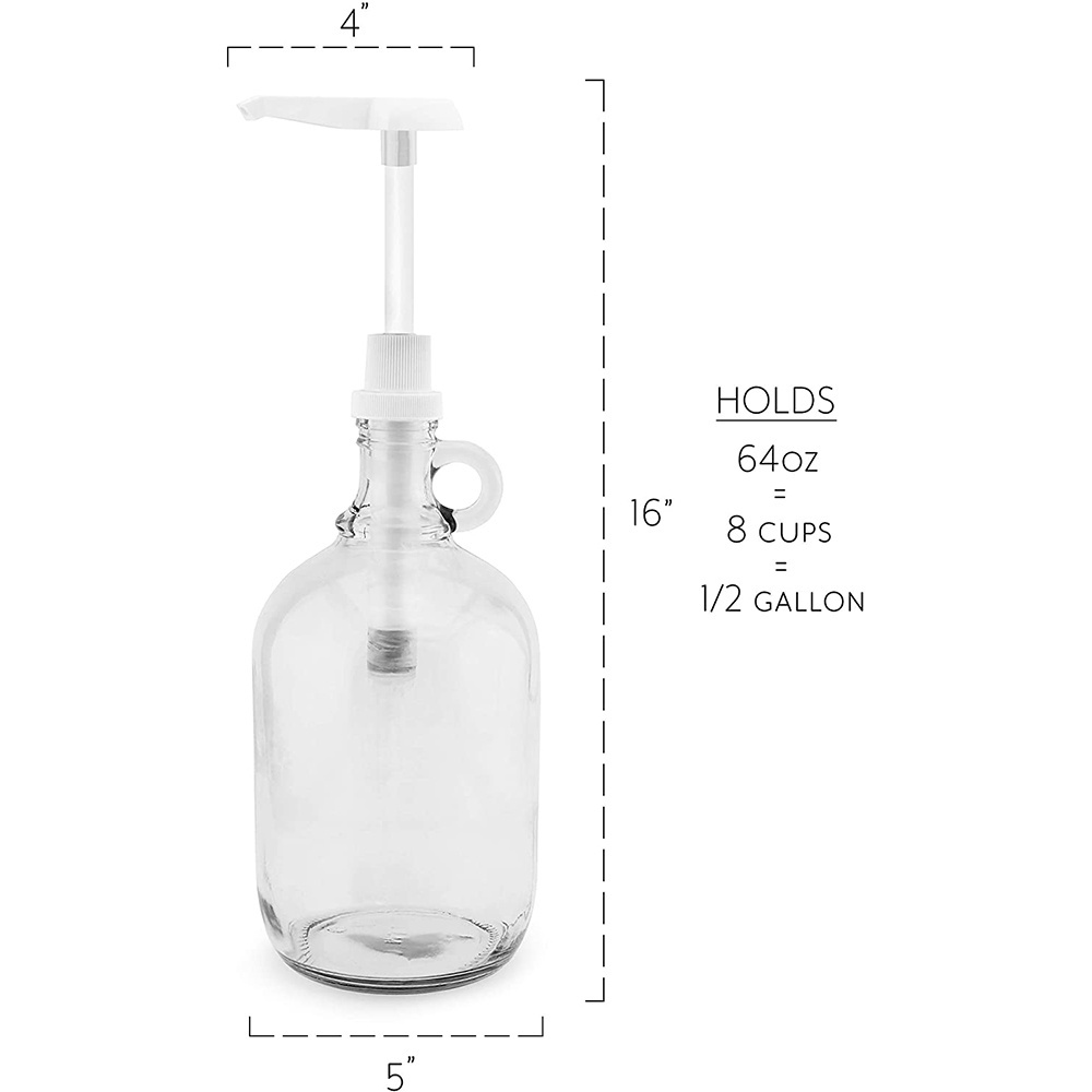 Half Gallon Glass Pump Dispenser Bottle, 64-Ounce Jug with Pump for Sauces, Syrups, Soaps and More