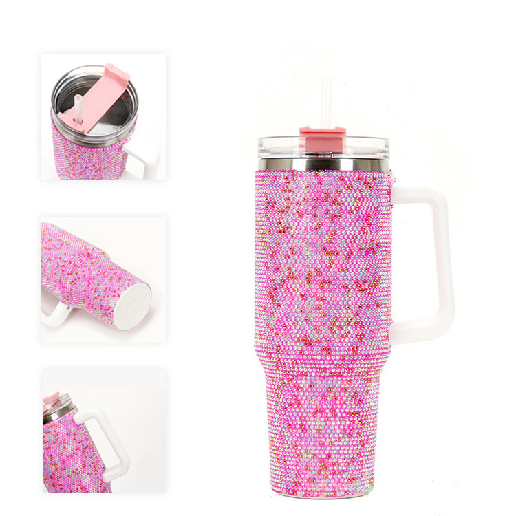 Hot Sale Rhinestones Car Cups Stainless Steel Vacuum Adventure Quencher Bling Crystal 40oz Tumbler With Handle And Straw