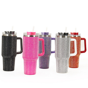 Hot Sale Rhinestones Car Cups Stainless Steel Vacuum Adventure Quencher Bling Crystal 40oz Tumbler With Handle And Straw