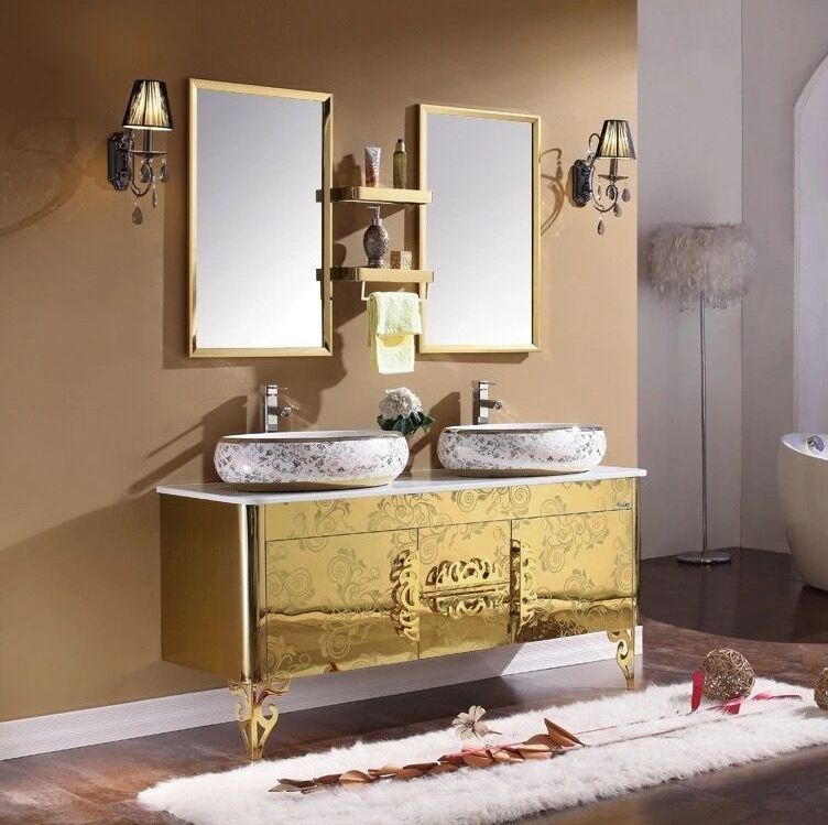 2022 hangzhou luxury royal design  double basin galaxy  golden stainless steel  bathroom cabinet  vanity