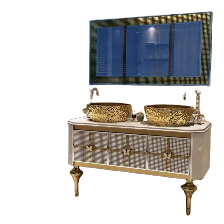 2022 hangzhou luxury royal design  double basin galaxy  golden stainless steel  bathroom cabinet  vanity