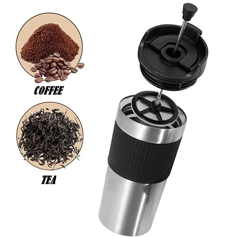 French Press 12 oz Stainless Steel Portable Design Travel Coffee Mug With Silicone Sleeve Vacuum Insulated Coffee French Press