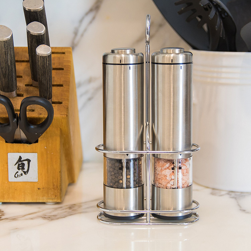 Battery Operated Salt and Pepper Grinder Set - Electric Stainless Steel Salt&Pepper Mills(2) - Tall Power Shakers with Stand