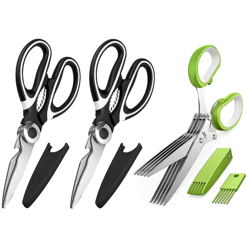 Kitchen 3 Pack Stainless Steel Kitchen Knives 5 Layers Scissors Cutter Set Herb Spices Scissors Cooking Tools Onion Cutter