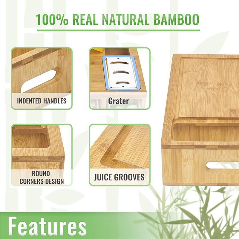 Bamboo Cutting Board with Containers Sturdy Meal Prep Station for Kitchen Includes 4 Graters 4 Trays with Lids for Food Storage