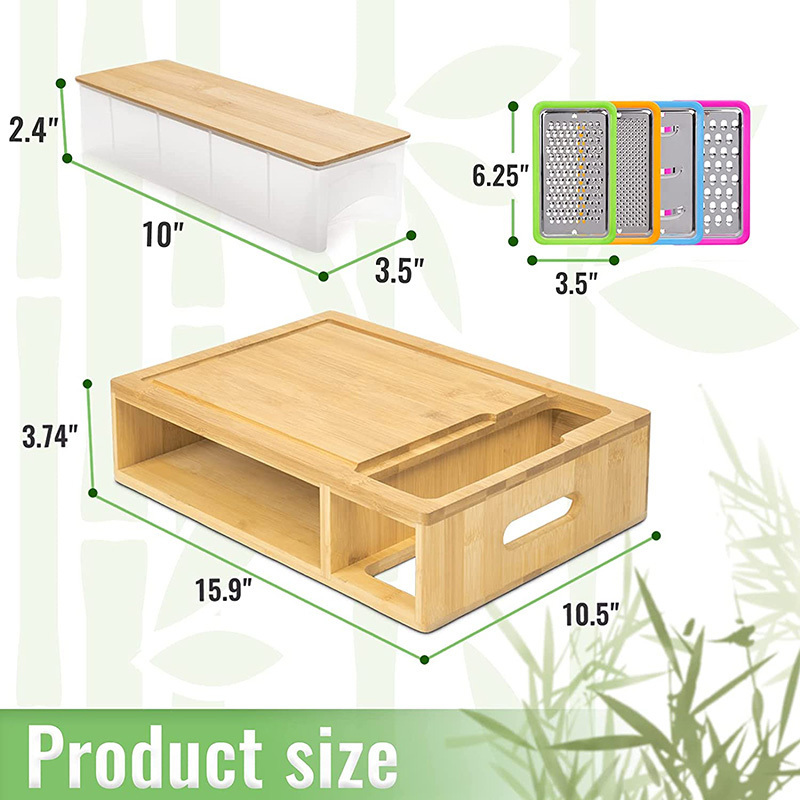 Bamboo Cutting Board with Containers Sturdy Meal Prep Station for Kitchen Includes 4 Graters 4 Trays with Lids for Food Storage