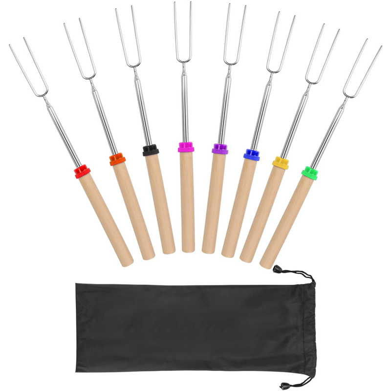 Marshmallow Roasting Sticks with Wooden Handle Extendable Forks Set of 8Pcs 32Inch Telescoping Smores Skewers for Campfire Fire