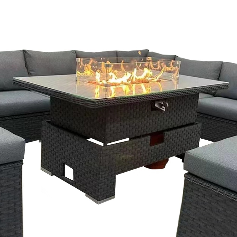 Outdoor dining table PE rattan gas fire pit table