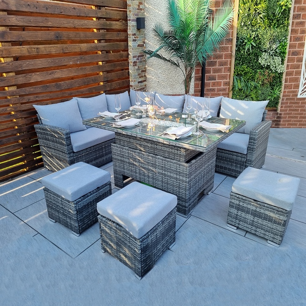 Outdoor dining table PE rattan gas fire pit table