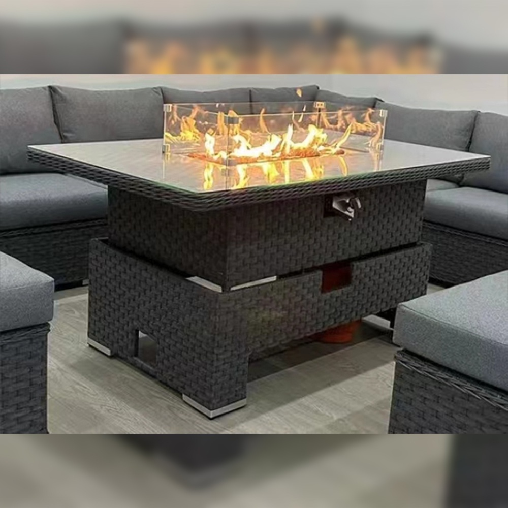 Outdoor dining table PE rattan gas fire pit table