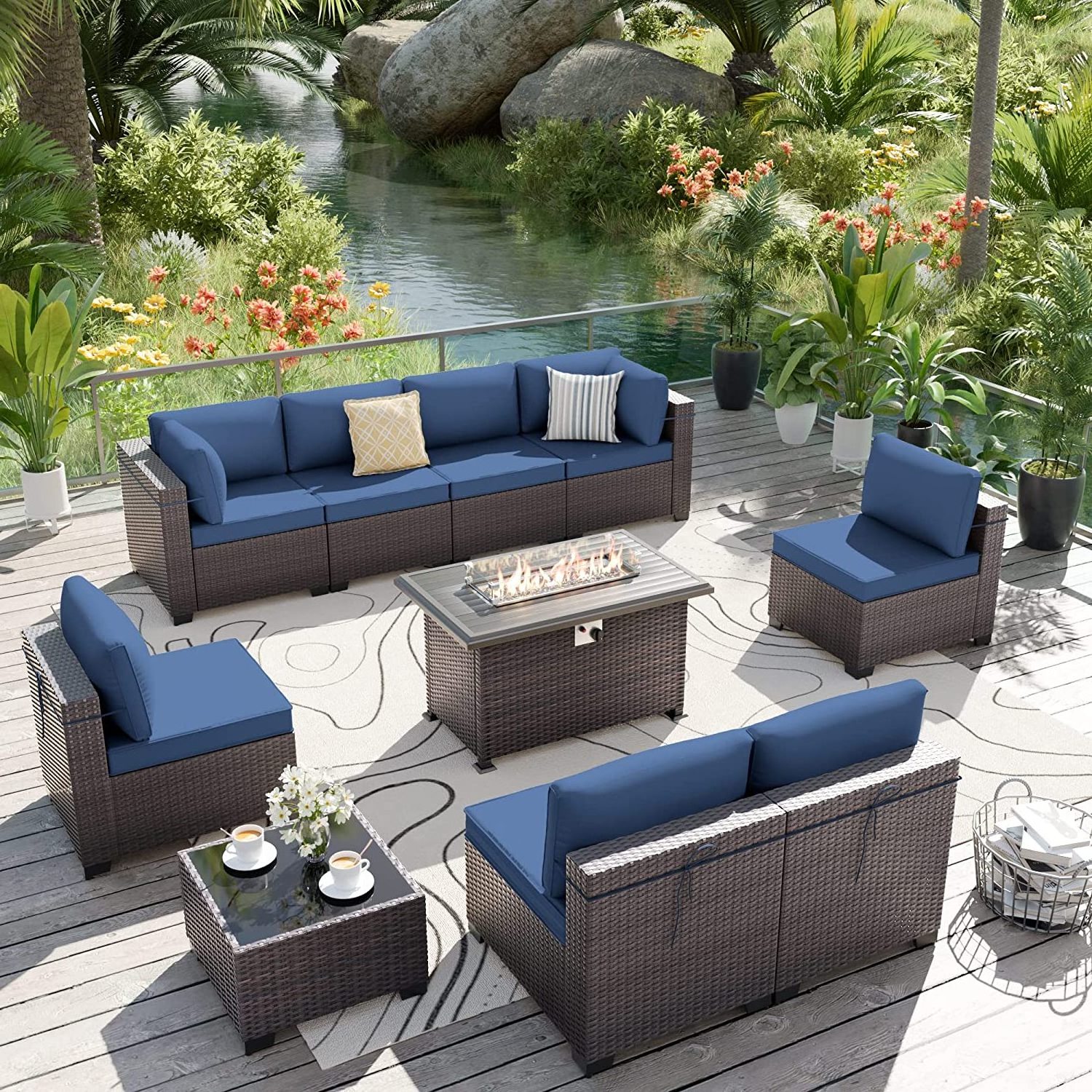 Hangrui Patio Rattan Sofa Set with Fire Pit and PE Wicker Sectional Outdoor Furniture