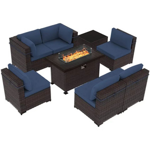 Hangrui Patio Rattan Sofa Set with Fire Pit and PE Wicker Sectional Outdoor Furniture