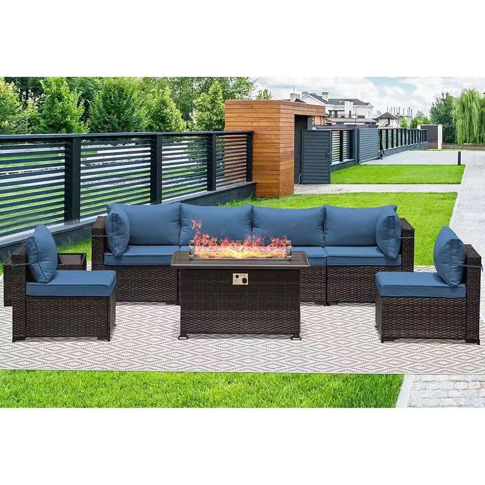 Hangrui Patio Rattan Sofa Set with Fire Pit and PE Wicker Sectional Outdoor Furniture