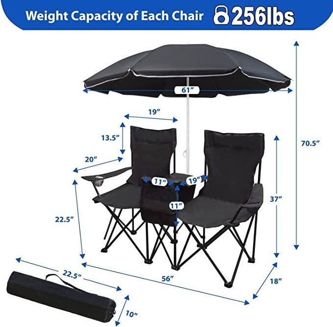 Hangrui 2 Person Folding Camping Chair with Umbrella and Cooler Bag for Outdoor Activities