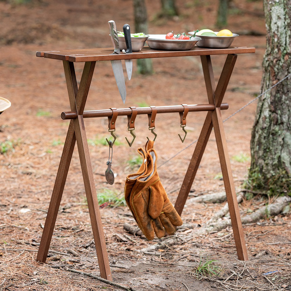 Hangrui Portable Solid Wood Small Rack Table Multifunctional Picnic Camping Shelf foldable camping shelf camping storage shelf