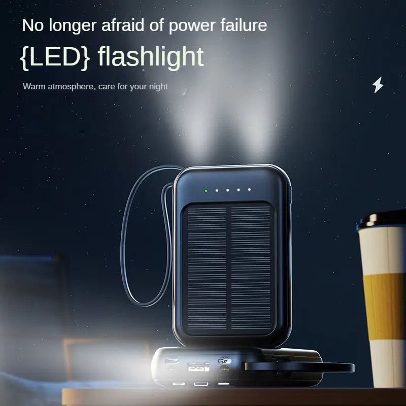 Wholesale 10000mah Mini Fast Charging Led Flashlight Camping Portable Emergency Built In Cable Usb Solar Power Bank For Phone