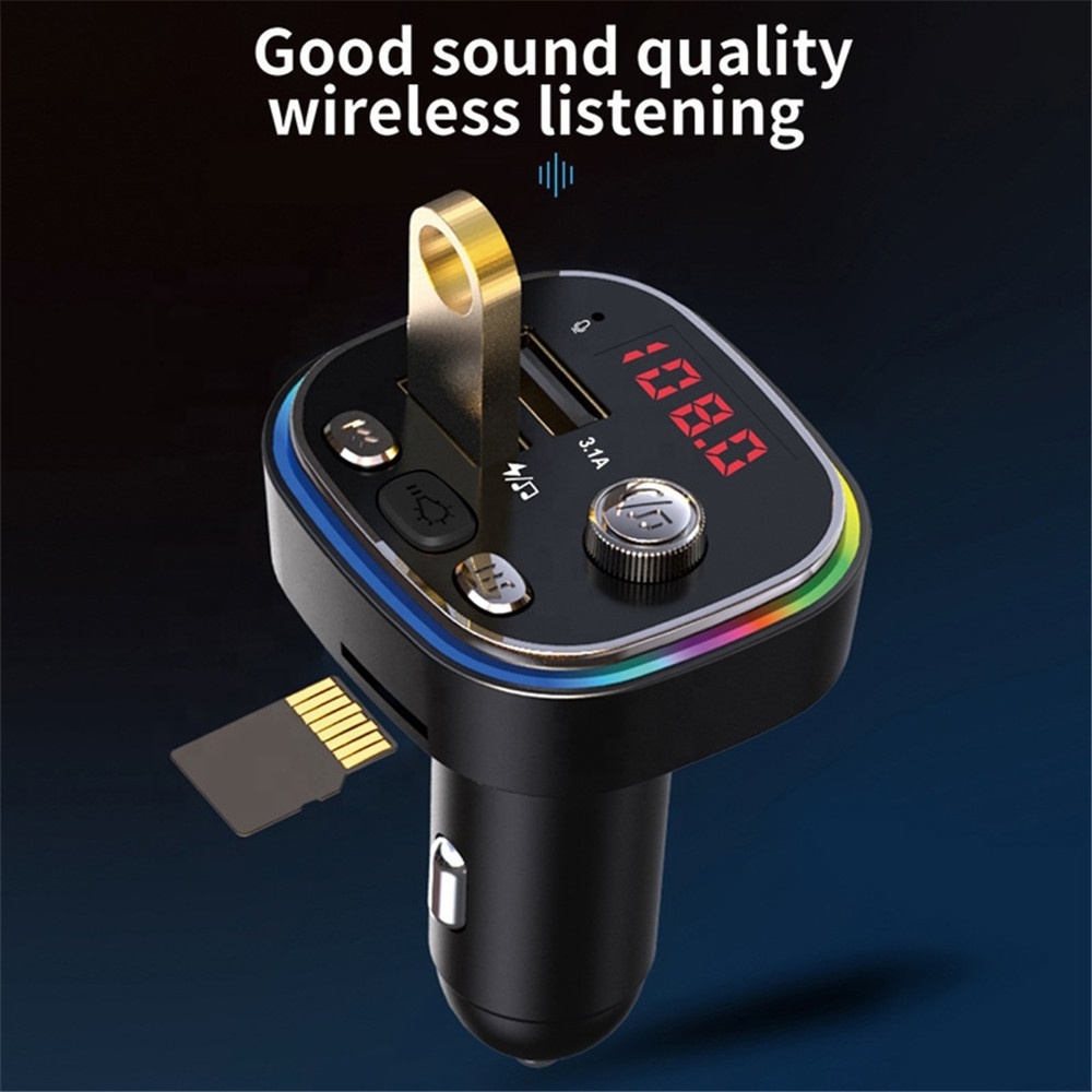 FM Transmitter Hifi Wireless U Disk TF Card Car Play Charging Dual Port RGB Car Charger with Microphone Audio Connection Memory