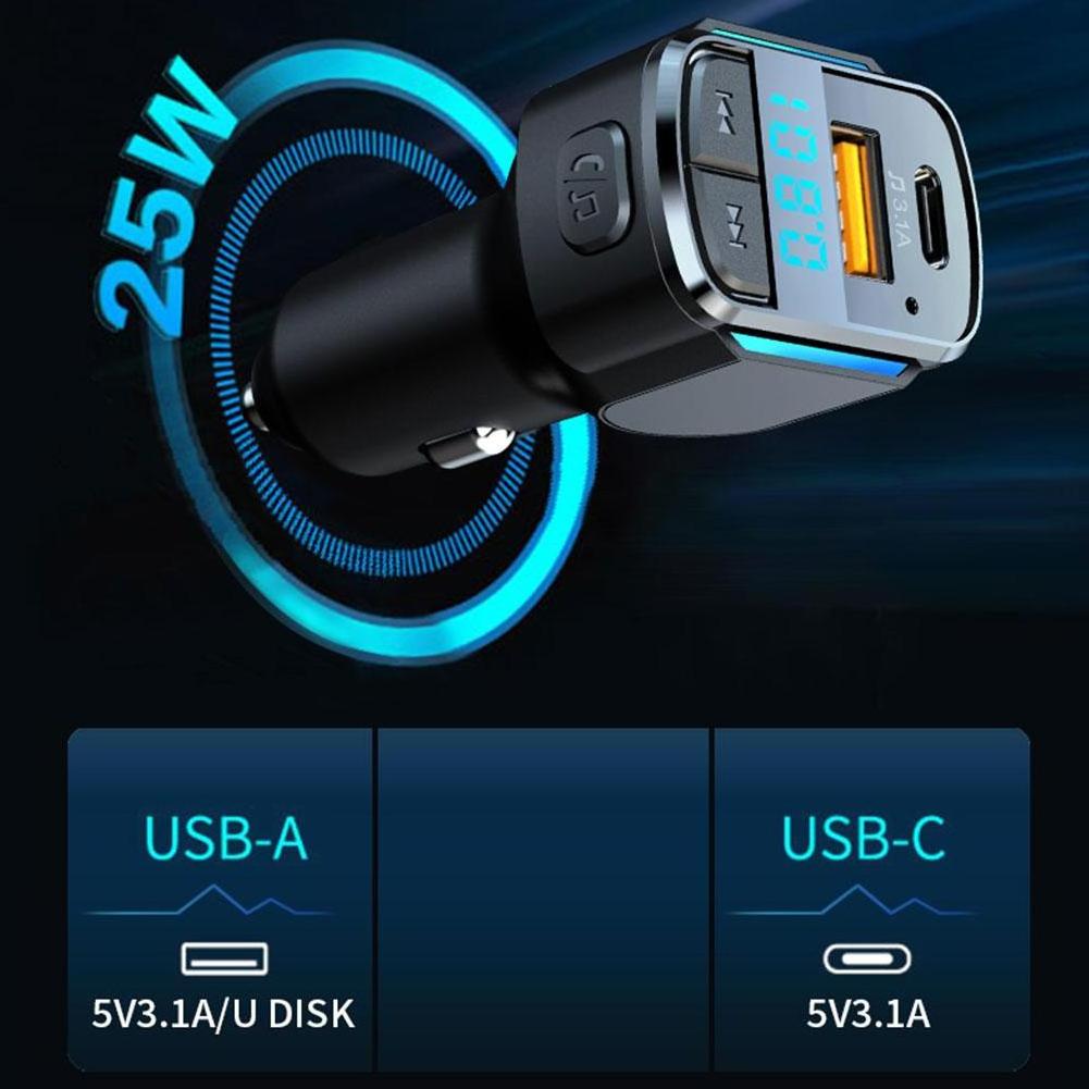 Car Quick Charge Dual USB Port Charger PD3.0 65W QC3.0 22.5W FM Transmitter Charger Car Electric Wireless Audio Broadcast Incall