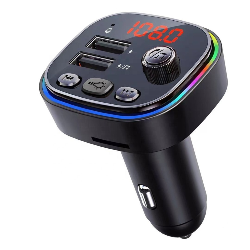 FM Transmitter Hifi Wireless U Disk TF Card Car Play Charging Dual Port RGB Car Charger with Microphone Audio Connection Memory