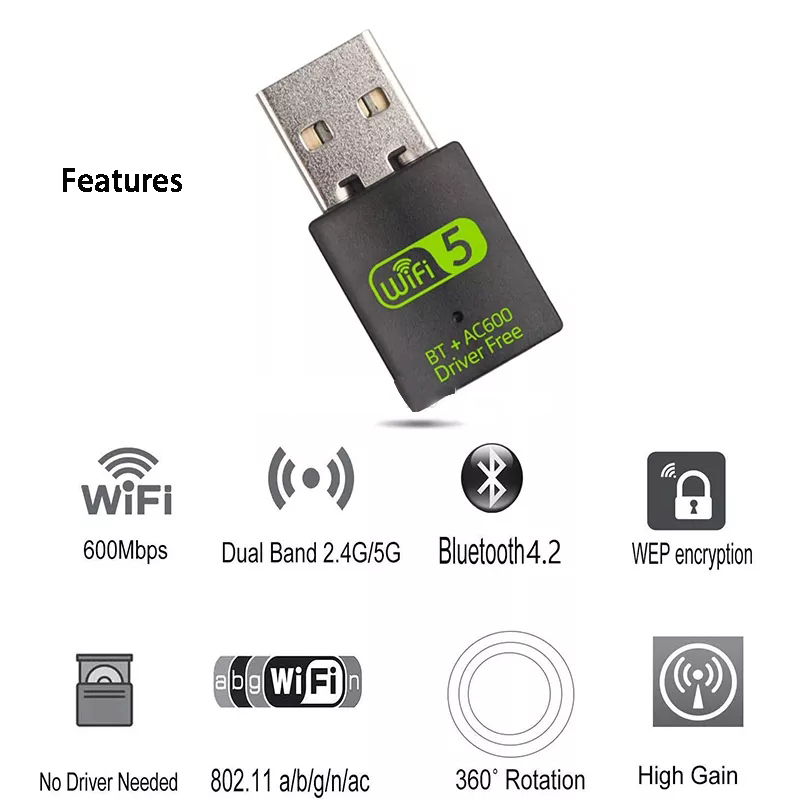 WIFI +Blue Tooth 2 in 1 AC 600Mbps 2.4G 5G BT Wireless Receiver WIFI Dongle with RTL8821 Chip Wireless USB Wifi Adapter