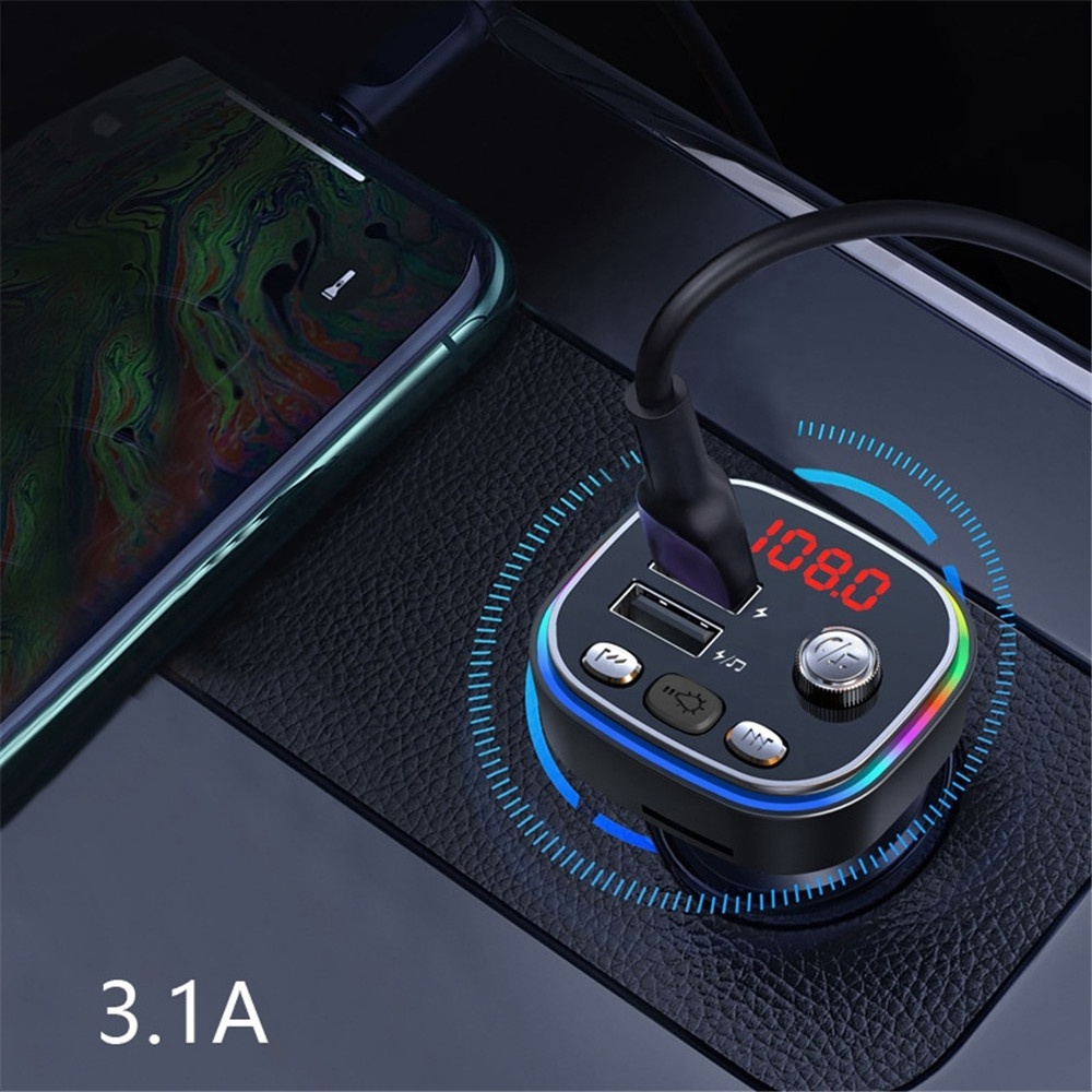 FM Transmitter Hifi Wireless U Disk TF Card Car Play Charging Dual Port RGB Car Charger with Microphone Audio Connection Memory