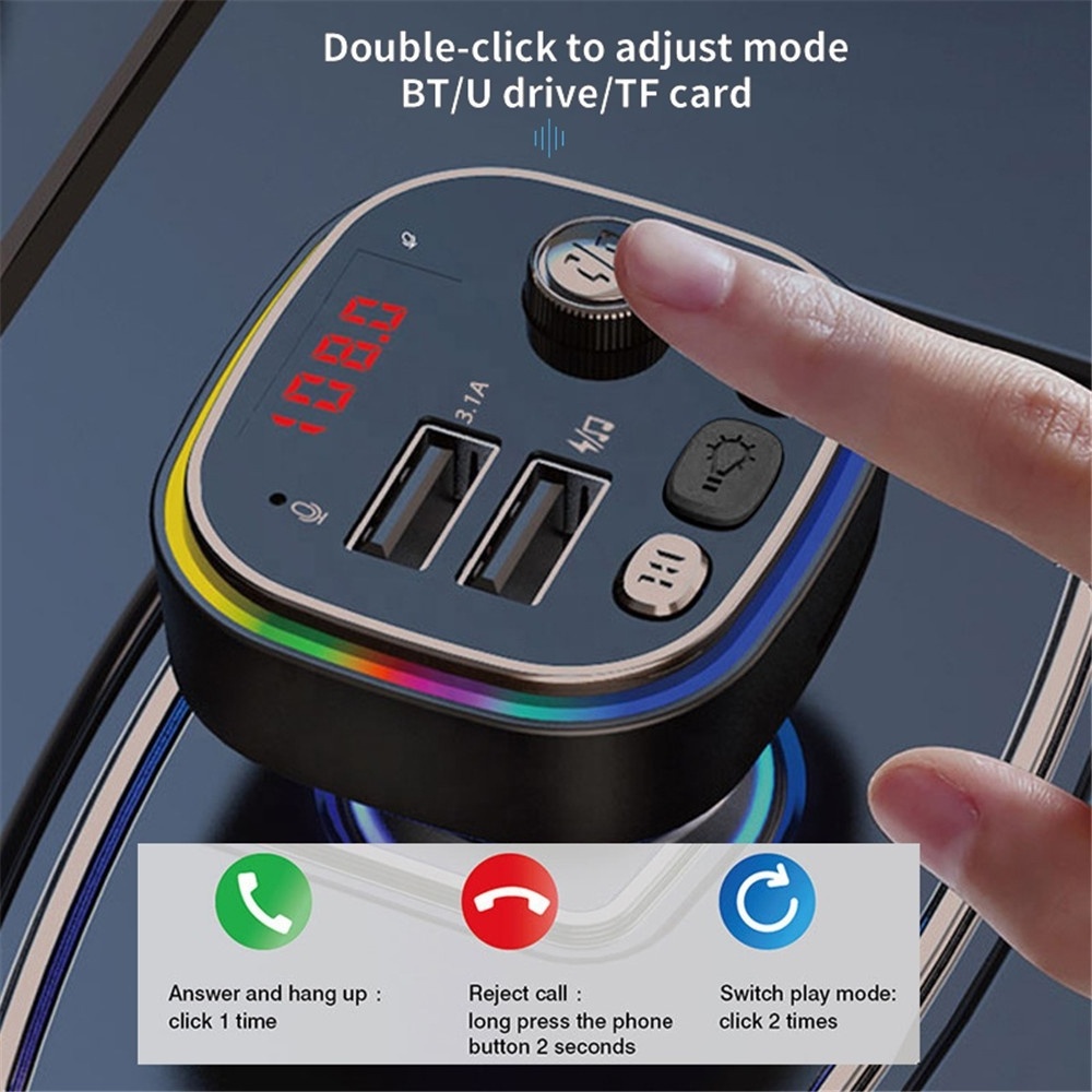 FM Transmitter Hifi Wireless U Disk TF Card Car Play Charging Dual Port RGB Car Charger with Microphone Audio Connection Memory