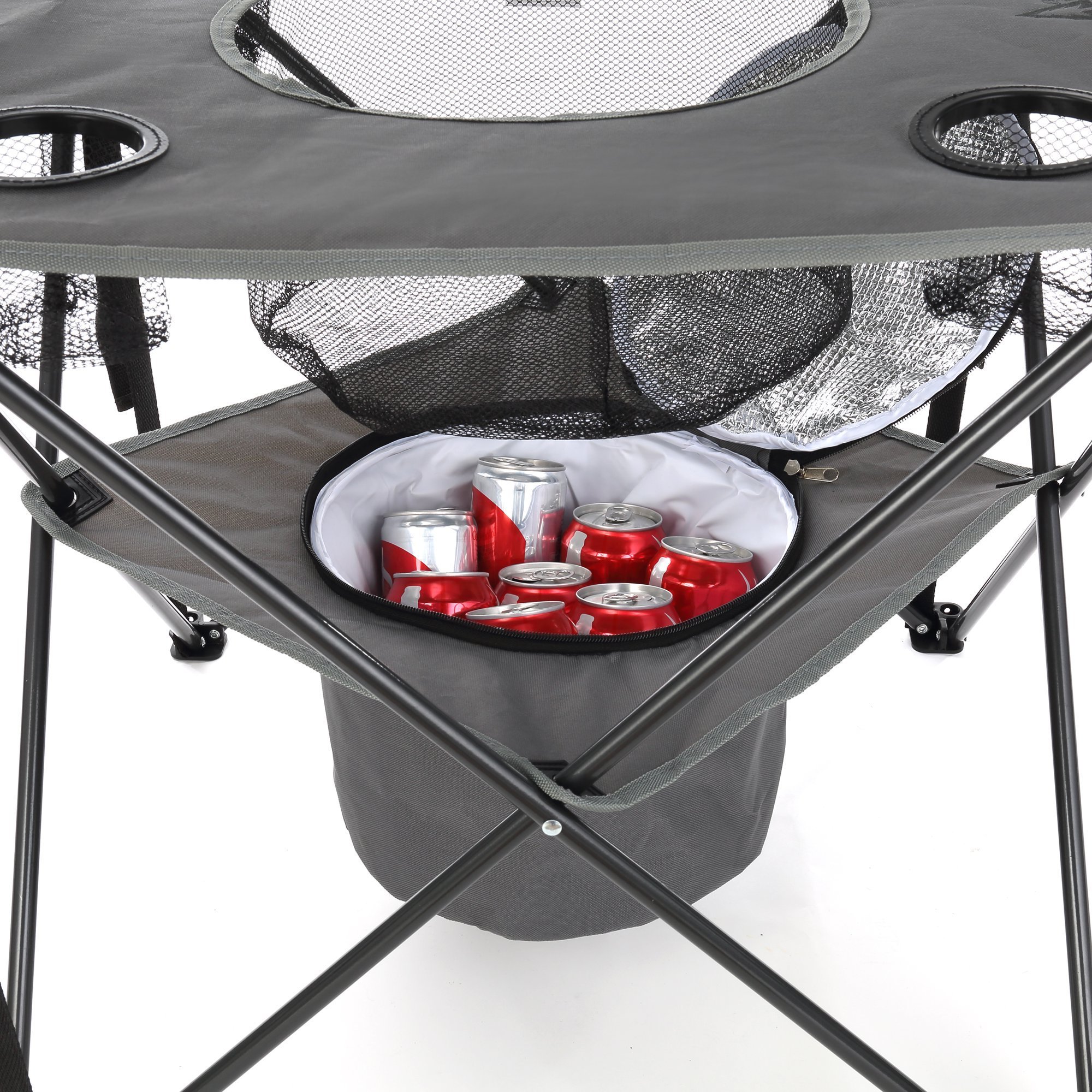 Customized Wholesale Portable Folding Tailgate Table 4 Cup Holders Camping Fishing Table With Food Basket Insulated Cooler