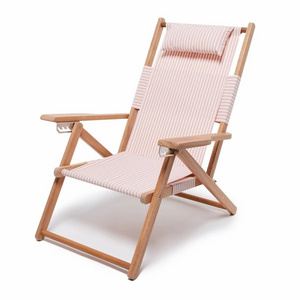 BSCI Custom Patterned Oxford Cloth Strong Wooden High Load Beach Chairs Beach Folding Portable Lounge Chairs With Pillow