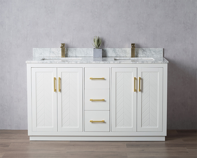 Homedee Modern Design Bathroom Vanity Wooden Cabinet Gold Handle and White Surface Floor Mounted for Hotels