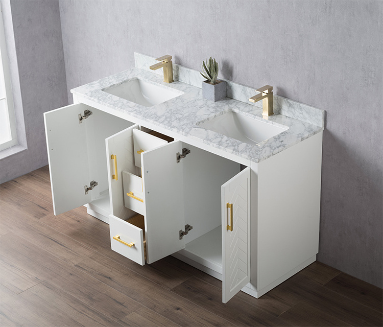 Homedee Modern Design Bathroom Vanity Wooden Cabinet Gold Handle and White Surface Floor Mounted for Hotels