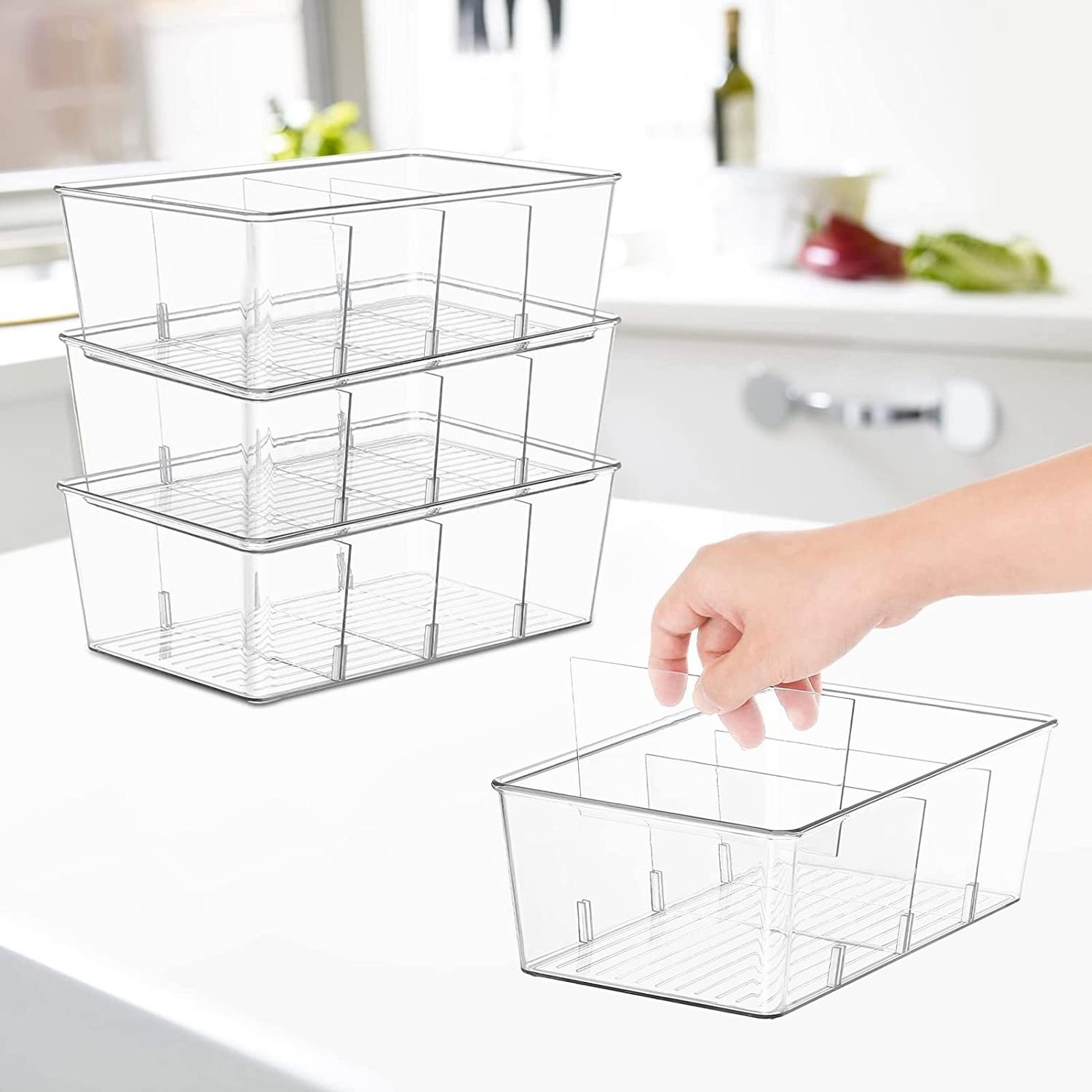 Pantry Organization, 3 Pack Clear Organizer Bins with Removable Dividers for Pantry, Kitchen, Fridge, Cabinet, Stackable Storage