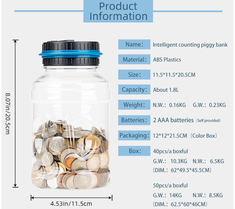 Large Piggy Bank for Boys Adults, Digital Coin Counting Bank with LCD Counter, 1.8L Capacity Coin Money Jar