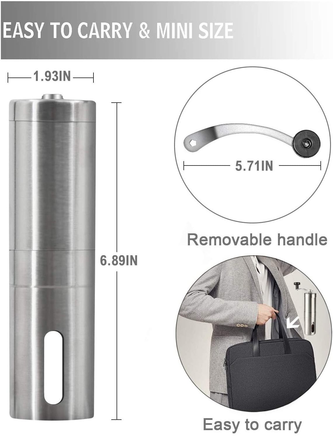 304 Stainless steel Portable Manual Compact Coffee Grinder/ Ceramic Burr Stainless Steel Coffee Mill