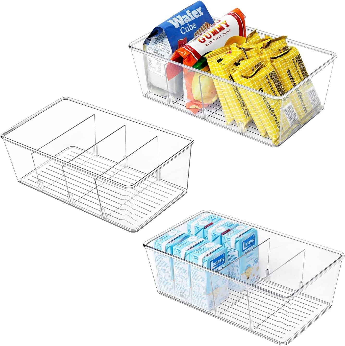 Pantry Organization, 3 Pack Clear Organizer Bins with Removable Dividers for Pantry, Kitchen, Fridge, Cabinet, Stackable Storage