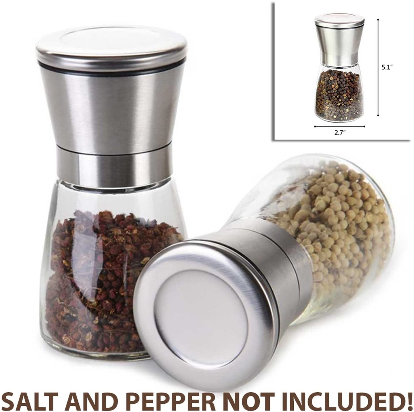 2 pack Spice Grinder with Adjustable Coarseness Salt Mills Shakers stainless steel salt and pepper grinder set