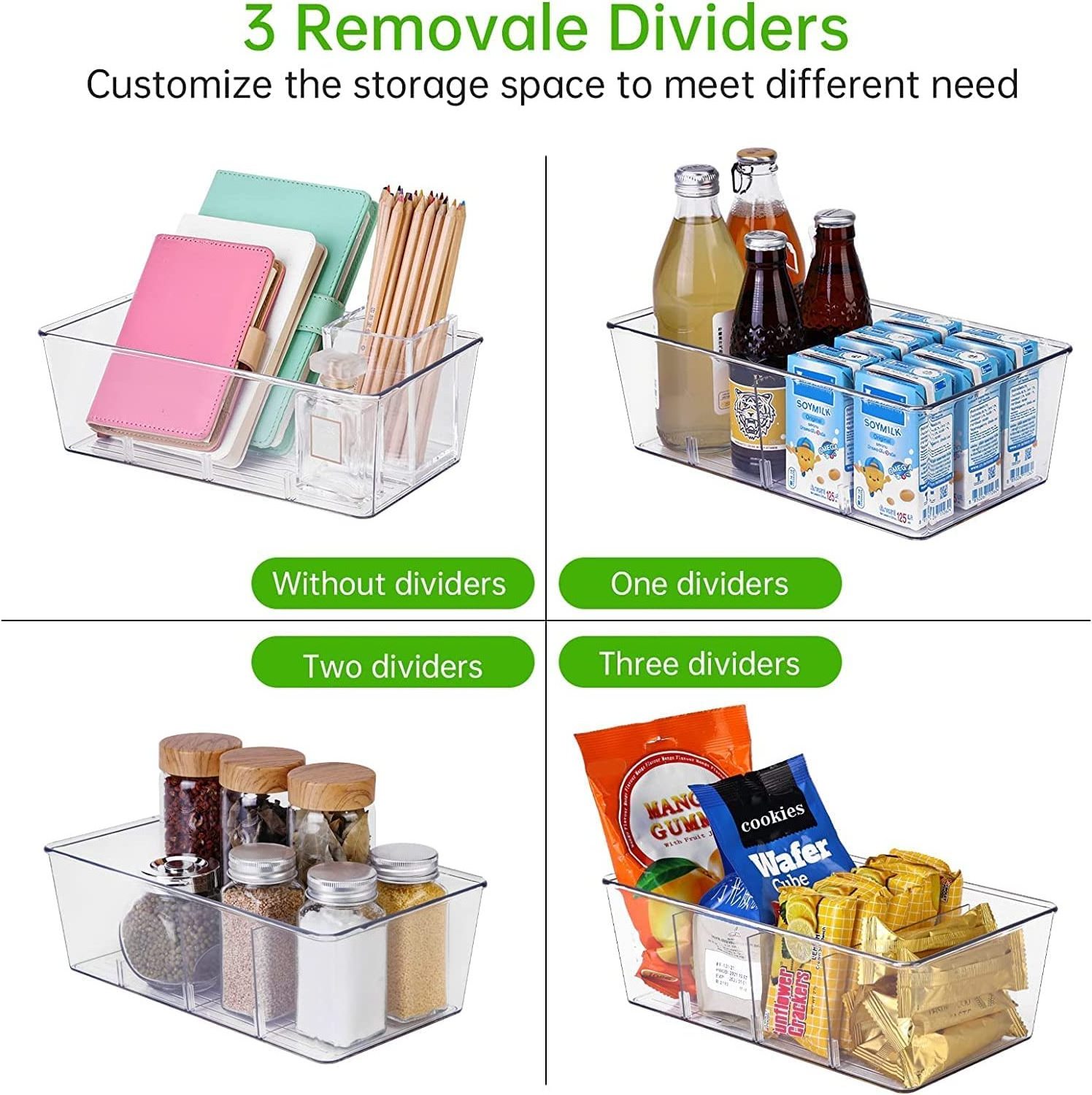 Pantry Organization, 3 Pack Clear Organizer Bins with Removable Dividers for Pantry, Kitchen, Fridge, Cabinet, Stackable Storage